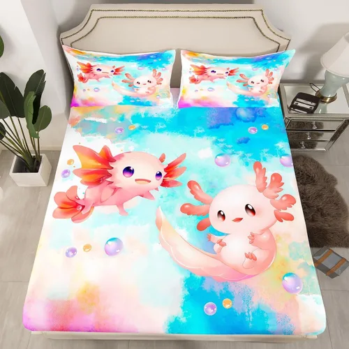 Miniatura 3 de Castle Fairy Bonito juego de sábanas de Axolotl, juego de sábanas de teñido anudado colorido, juego de ropa de cama de animales Kawaii para niños
