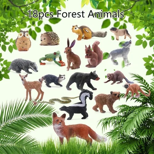 Miniatura 2 de SIENON 18 piezas de figuras de animales del bosque, miniaturas de animales del bosque para bebés con búho, erizo, zorro, ardilla, oso, mono, ciervo