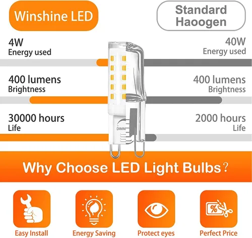 Miniatura 7 de Winshine - Paquete de 10 bombillas LED G9 regulables de 3000 K blanco cálido, bombilla de 4 W con casquillo G9 para lámpara de araña T4 de luz