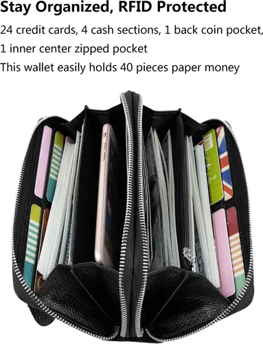 Miniatura 4 de YALUXE Cartera de cuero para mujer con bloqueo RFID, doble cremallera, tamaño grande, para smartphone