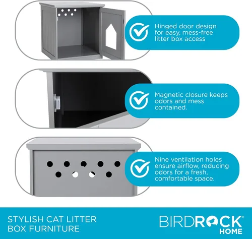 Miniatura 6 de BIRDROCK HOME Casa decorativa para gatos y mesa auxiliar Mesita de noche gris Caja de interior para mascotas Recinto para caja de arena Caja