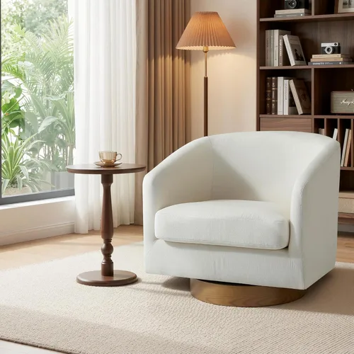 Miniatura 9 de Juego de 2 Sillas Giratorias de Acento, Silla Barril Tapizada en Tela para Sala de Estar, Cómodo Sillón Redondo Sofá Individual Asiento de Lino Beige