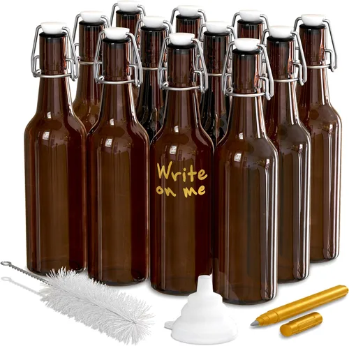 Nevlers Botellas de vidrio ámbar con tapa oscilante de 16 onzas, paquete de 12 botellas de cerveza vacías para elaboración casera, fermentación o