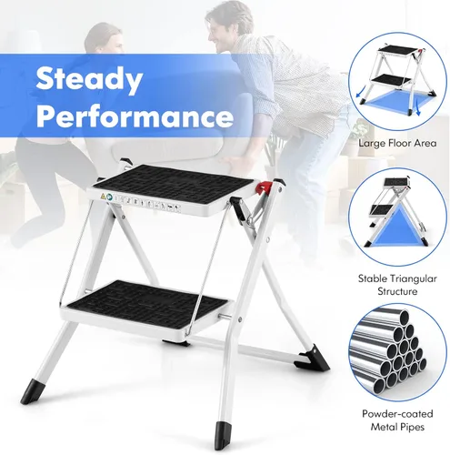 Miniatura 2 de Goplus Escalera de 2 escalones, taburete plegable ligero con pedales antideslizantes, cubiertas antideslizantes para pies, escalera de mano de metal