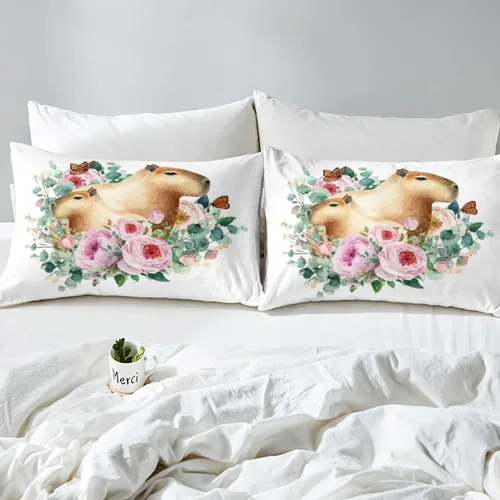 Miniatura 7 de Capybara - Sábana bajera ajustable tamaño individual, sábanas florales kawaii, diseño de animales rosados, dibujos animados, vida silvestre, roedor