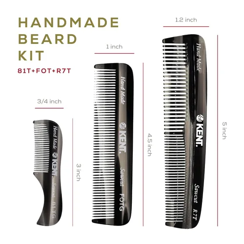 Miniatura 2 de Kent Set de peines de bolsillo para el cabello para hombre, grafito 81T XS, FOT All Fine Tooth, R7t de doble diente fino y grueso. El mejor kit