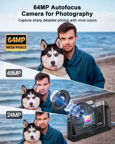 Miniatura 3 de Cámara digital 4K para fotografía, WiFi de 64 megapíxeles con enfoque automático para videoblogs en YouTube, pantalla giratoria de 3" y 180°, zoom