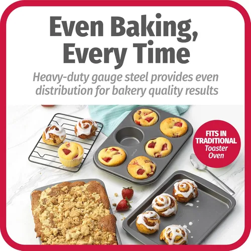 Miniatura 3 de GoodCook Juego de utensilios para hornear antiadherentes de acero de 4 piezas con bandeja, rejilla, molde para pastel y molde para muffins, gris