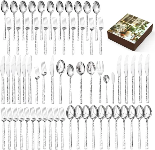 Miniatura 10 de KINGSTONE Juego de cubiertos martillados de 20 piezas, juego de cubiertos de acero inoxidable 18/10 para 4, juego de cubertería para el hogar