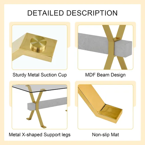 Miniatura 5 de Dining Table. Modern Tempered Glass Dining Table. Large Modern Office Desk with Gold Plated Metal Legs and Gray crossbars, Suitable for Both Home