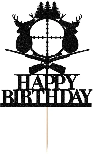 Miniatura 3 de Decoración para tartas de caza de ciervos, cuernos negros, decoración de pastel de feliz cumpleaños, temática de campamento de cazador para niños
