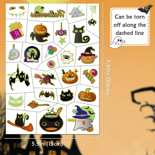 Miniatura 3 de 124 tatuajes temporales de Halloween que brillan en la oscuridad para niños, calcomanías de tatuaje falsas luminosas impermeables para fiesta