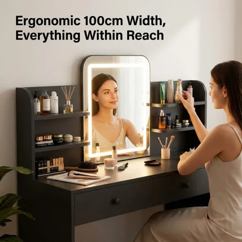 Miniatura 2 de Escritorio de tocador de maquillaje con espejo LED y estantes inclinados de 5 niveles, 7 áreas de almacenamiento abiertas y 3 cajones, tocador