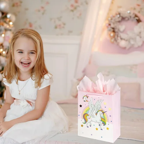 Miniatura 4 de Laidans Bolsa de regalo de unicornios grandes de 13 pulgadas para niñas y niños, baby shower con papel de seda, paquete de 1
