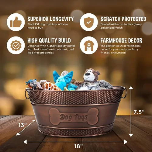 Miniatura 4 de BREKX Caja de juguetes para perros indestructible de metal - Caja de almacenamiento galvanizada de cobre con asas, organizador de almacenamiento