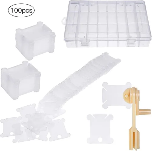 Miniatura 2 de Caja organizadora de hilo de bordar, herramientas con 100 bobinas de hilo de plástico, 1 bobinadora de bobina, 1 extraíble de 24 compartimentos