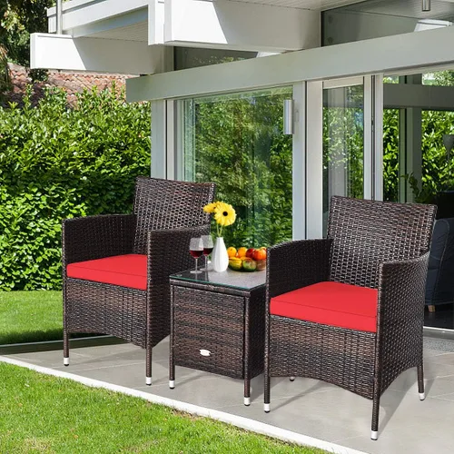 Miniatura 4 de HAPPYGRILL Juego de muebles de patio de 3 piezas para exteriores, juego de conversación de mimbre de ratán con mesa auxiliar, sillas y cojines Rojo