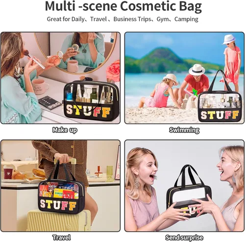 Miniatura 6 de Eurovicky Bolso de Maquillaje Transparente con Letras de Chenilla, Bolsa de Maquillaje de Nailon Preppy con Asa y Cremallera, Bolsa de Viaje