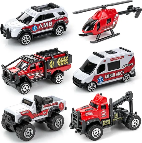 Juego de 6 vehículos de rescate de emergencia fundidos a presión en miniatura, juguetes de ambulancia, helicópteros para niños pequeños de 1, 2,