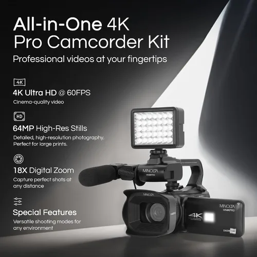 Miniatura 2 de Minolta Cámara de video de enfoque automático de 64 MP con micrófono y luz de video, pantalla táctil de 4 pulgadas, video 4K Ultra HD, zoom digital