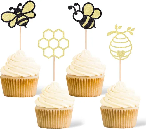Miniatura 5 de Gexolenu 24 piezas Oh Babee Cupcake Toppers Gold Glitter de doble cara Sweet Bumble Bee Baby Cupcake Picks Baby Shower para decoración de pasteles