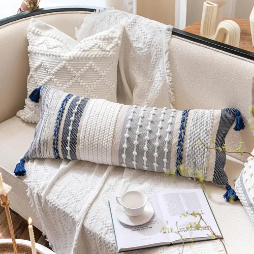 Miniatura 4 de BlissBlush Funda de almohada lumbar decorativa bohemia azul marino de 14 x 36 pulgadas, almohada corporal larga para cama, almohada lumbar Azul