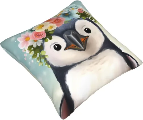 Miniatura 2 de Funda de cojín cuadrada suave con estampado de pingüinos con estampado de flores, para decoración del hogar, sala de estar, cama, sofá automóvil, 18
