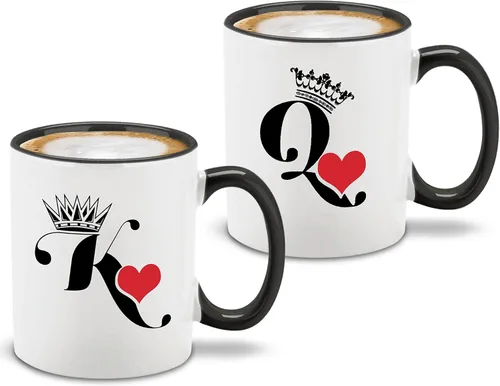 shop4ever® King & Queen of Hearts - Juego de 2 tazas de café de cerámica para parejas, taza de té de 11 onzas, regalo para él y ella (mango negro)