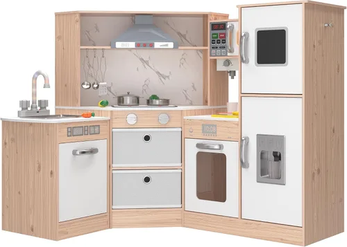 Miniatura 7 de BVIUNTWO Juego de juguetes de cocina, juego de cocina de madera para niños con luces y sonidos reales, fregadero, estufa, horno, máquina de hielo
