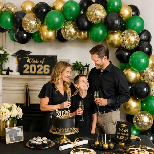Miniatura 2 de Isndare Globos Negros, Dorados y Verdes para Decoraciones de Fiesta de Graduación 60 Piezas 30.5CM Globos Negros, Dorados y Verdes Metálicos Negro