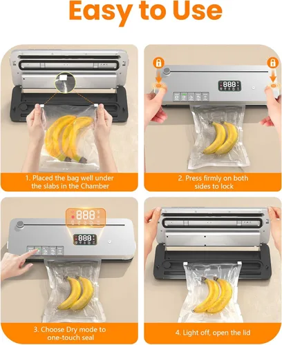 Miniatura 3 de Máquina selladora al vacío de alimentos, succión fuerte de 75 KPa, temporizador digital, cortador integrado, función de pulso, modos seco y húmedo