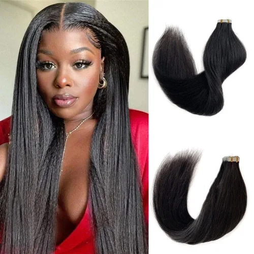 Miniatura 11 de Extensiones de cabello con cinta, 22 pulgadas, extensiones de cabello humano real color negro azabache, 1.76 oz, 20 unidades, extensiones de cabello
