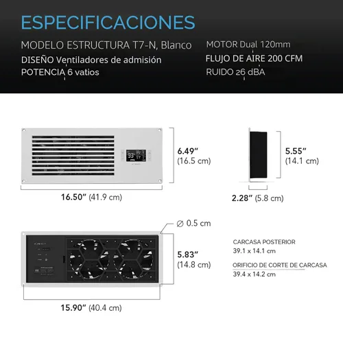 Miniatura 6 de AC Infinity AIRFRAME T7-N Blanco, Sistema de ventilación de alto flujo de aire 17", entrada de aire, para salas de equipos AV, armarios y gabinetes