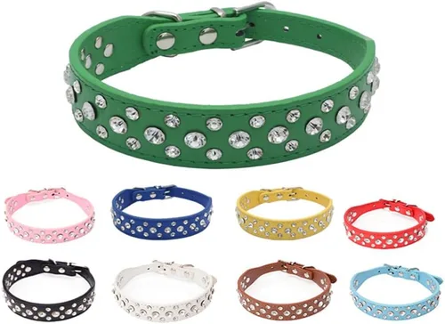 Miniatura 2 de Dogs Kingdom Collares de piel con diamantes de imitación personalizados de 12 a 20 pulgadas de longitud, para razas pequeñas y medianas, color azul