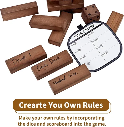 Miniatura 3 de ApudArmis Torre Gigante Tumble (Se apila desde 2 pies hasta más de 4.2 pies), 54 PIEZAS Juego de Madera de Pino Apilable Timber con 1 Juego de Dados