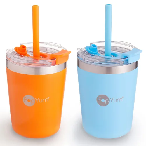 Miniatura 13 de PopYum - Vasos de acero inoxidable para niños, 9 onzas, morado, rosa, paquete de 2 Aislado, aspiradora de doble pared, tapa y pajilla, apilable, a
