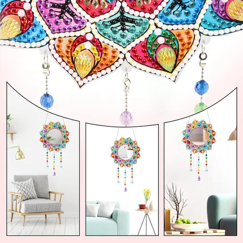 Miniatura 5 de Espejo de pintura de diamante, espejo de maquillaje de mandala, atrapasoles de cristal con forma especial para principiantes, manualidades, regalos