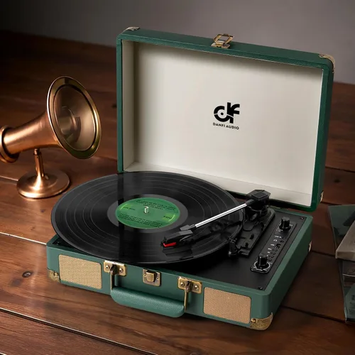 Miniatura 4 de Tocadiscos de vinilo Bluetooth de 3 velocidades portátil tipo maleta con altavoces integrados, grabación USB de vinilo a MP3, RCA, AUX y salida