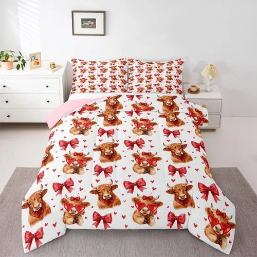 Miniatura 34 de Juego de ropa de cama de vaca de las tierras altas, edredón de ganado de las tierras altas, juego de edredón rosa floral de vaca occidental, juego