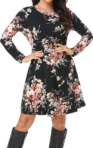 Miniatura 5 de Vestido casual para mujer, holgado, de manga larga, con volantes, cuello redondo, con bolsillos