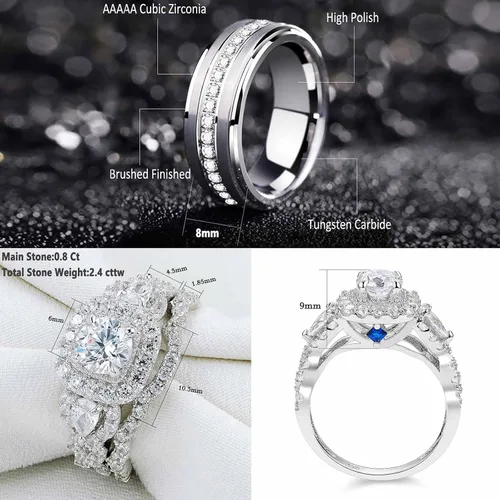 Miniatura 2 de Newshe Jewellery Juego de anillos de boda para él y ella, anillos de promesa de plata esterlina para parejas, mujeres, hombres, tallas 5-13