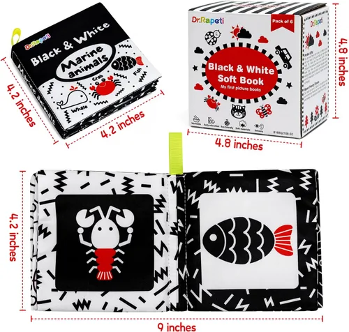 Miniatura 2 de Dr.Rapeti Libros de tela suave para bebés, libros de baño, paquete de 6 para bebés, niños pequeños, de alto contraste, blanco y negro, arrugado