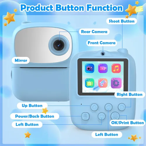 Miniatura 4 de Cámara de Niños con Impresión Instantánea para Niños, Cámara Instantánea con Espejo, Cámara Digital Selfie HD de Doble Lente con 3 Rollos de Papel