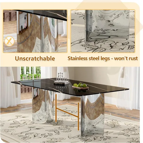 Miniatura 5 de Moderno juego de mesa de comedor para 6, 7 piezas, mesa rectangular de mármol sintético de 71 pulgadas con base de acero inoxidable plateado