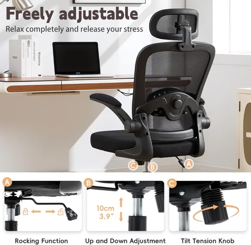 Miniatura 9 de Silla de oficina ergonómica con soporte lumbar ajustable 3D, respaldo alto de malla, reposacabezas giratorio de 75°, función mecedora, capacidad