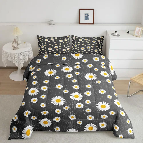 Miniatura 9 de Erosebridal Juego de edredón de abeja de dibujos animados, tamaño individual, juego de ropa de cama floral de margarita blanca lisa para niños