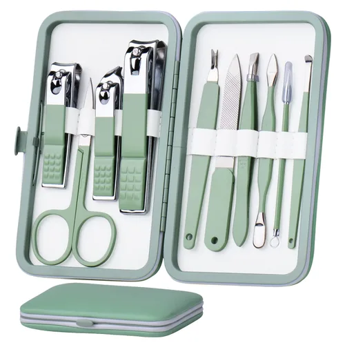 HANTEKAS Juego de manicura 10 en 1 de acero inoxidable, cortaúñas tijeras kit de herramientas de pedicura - Kit de aseo portátil de viaje para Verde