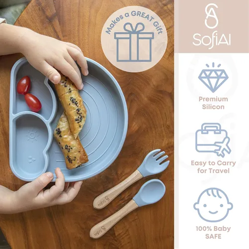 Miniatura 8 de Juego de alimentación de bebé de silicona no tóxica sin BPA – Placa de succión, cuenco, babero y taza – Juego de 11 piezas para bebés de 6 a 18 Azul