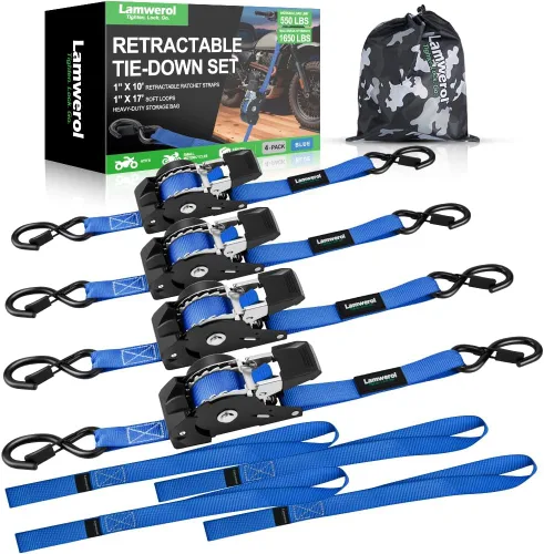 Miniatura 9 de Correas de trinquete retráctiles (paquete de 4) – 1 pulgada x 10 pies (1,650 libras de resistencia a la rotura) – Correas de amarre autoretráctiles
