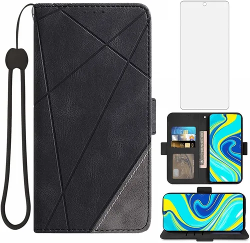 Compatible con Xiaomi Redmi Note 9 Pro/Note 9s/Note9 Pro Max/Poco M2 Pro Funda tipo cartera de vidrio templado, protector de pantalla de cuero con